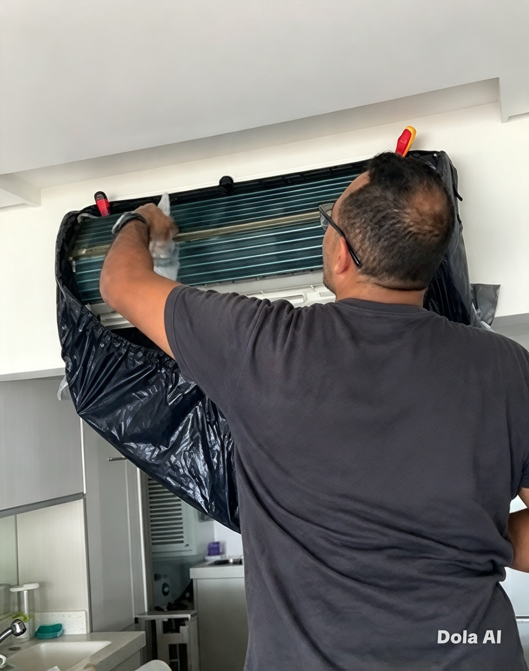 Técnico da Arven fazendo a higienização da serpentina de um split com bolsa coletora de limpeza